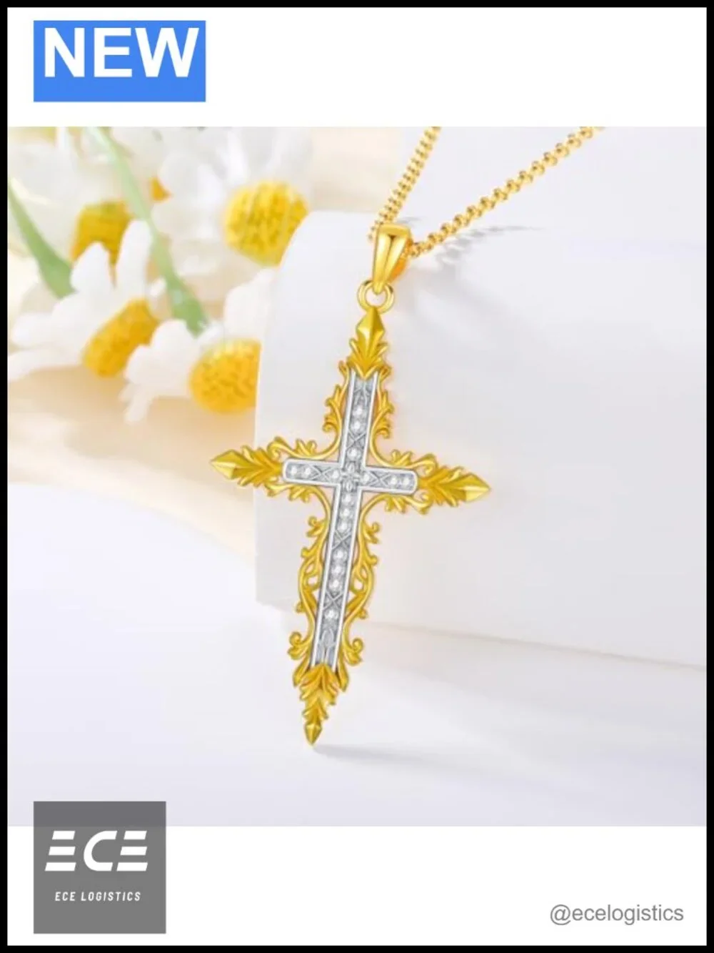 Baroque Cross Necklace 14K Yellow Gold Plated Sterling Silver CZ Pendant